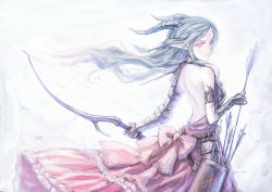 Rule 34 | 1girl, armlet, armor, arrow (projectile), backless dress, backless outfit, bare back, blue hair, bow, bow (weapon), breasts, dress, gauntlets, horns, long hair, medium breasts, monster girl, pixiv fantasia, pixiv fantasia 5, pointy ears, quiver, red eyes, ribbon, ryuuzaki ichi, solo, tattoo, weapon