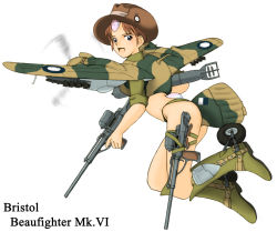 Rule 34 | 1girl, aircraft, airplane, ass, boots, bristol beaufighter, brown hair, canopy, character name, green eyes, gun, hat, kirio (ccr00235), looking back, mecha musume, military, open mouth, original, personification, short hair, simple background, slouch hat, solo, torpedo, weapon, wheel, white background, world war ii