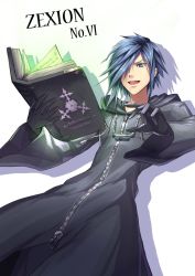 Rule 34 | 1boy, black coat (kingdom hearts), blue eyes, blue hair, book, character name, cloak, gloves, gogo (detteiu de), highres, kingdom hearts, kingdom hearts chain of memories, male focus, organization xiii, simple background, solo, white background, zexion