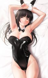 Rule 34 | 1girl, 3:, animal ears, arm up, armpits, bare shoulders, black leotard, blunt bangs, blush, breasts, brown eyes, brown hair, cleavage, covered navel, detached collar, fake animal ears, girls und panzer, highleg, highleg leotard, highres, large breasts, leotard, long hair, looking at viewer, lying, nishizumi shiho, on back, playboy bunny, rabbit ears, solo, thighs, wa (genryusui), wrist cuffs