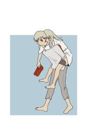 Rule 34 | 1boy, 1girl, aged down, arm around neck, bare arms, barefoot, blue background, brother and sister, carrying, child, covered mouth, dungeon meshi, falin touden, falin touden (tallman), full body, grey hair, grey pants, grey shirt, grey shorts, highres, holding, holding shoes, hup cheop, korean commentary, laios touden, long hair, looking at another, looking at viewer, one eye covered, outside border, outstretched arm, pants, piggyback, red footwear, sash, shirt, shoes, short hair, shorts, siblings, sleeves rolled up, unworn shoes, walking, white shirt, yellow eyes