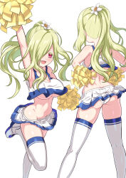 Rule 34 | 1girl, armpits, ass, blush, breasts, butt crack, cheerleader, cleavage, flower, green hair, hair flower, hair ornament, hair over one eye, highres, jashin-chan dropkick, large breasts, long hair, looking at viewer, microskirt, midriff, multiple views, mumyou ishi, navel, open mouth, panties, persephone (jashin-chan dropkick), pom pom (cheerleading), ponytail, red eyes, simple background, skirt, smile, thighhighs, underboob, underwear, white background, white panties, white thighhighs
