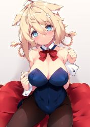 Rule 34 | 1girl, ahoge, animal ears, bare shoulders, blonde hair, blue eyes, blue leotard, blush, bow, bowtie, braid, braided hair rings, breasts, brown pantyhose, check copyright, cleavage, collarbone, copyright request, covered navel, detached collar, floppy ears, fox ears, hair between eyes, hair ornament, hair rings, hand up, haruyuki (yukichasoba), highres, impossible clothes, impossible leotard, large breasts, leotard, long hair, looking at viewer, nontraditional playboy bunny, original, pantyhose, playboy bunny, sitting, solo, strapless, strapless leotard, twin braids, wrist cuffs