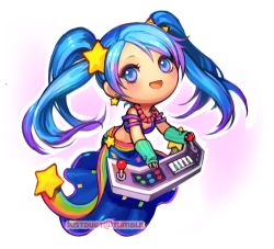 Rule 34 | 1girl, blue eyes, blue hair, blush, keyboard, league of legends, long hair, lowres, smile, sona (league of legends), twintails