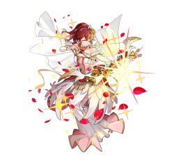 Rule 34 | 1girl, aiming, anna (fire emblem), arrow (projectile), attack, bare shoulders, bouquet, bow (weapon), breasts, closed eyes, closed mouth, detached sleeves, dress, feather trim, female focus, fire emblem, fire emblem heroes, flower, flower brooch, gold bracelet, gold choker, high ponytail, holding, holding bouquet, holding bow (weapon), holding weapon, medium breasts, nintendo, official alternate costume, official art, open mouth, ponytail, red eyes, red flower, red hair, red rose, rose, smile, solo, sparkle, v-shaped eyebrows, weapon, wedding dress, white background, white dress, yellow flower, yellow rose