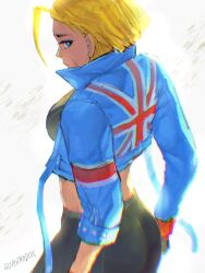 Rule 34 | absurdres, ass, blonde hair, blue eyes, breasts, cammy white, crop top, from behind, highres, jacket, large breasts, long sleeves, pants, quasimodox, short hair, street fighter, street fighter 6, union jack