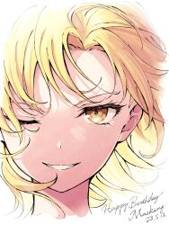 Rule 34 | 1girl, absurdres, bang dream!, blonde hair, brown eyes, character name, dated, floating hair, grin, happy birthday, highres, looking at viewer, medium hair, nobusawa osamu, one eye closed, portrait, sato masuki, sketch, smile, solo, white background