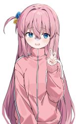 Rule 34 | 1girl, absurdres, blue eyes, blush, bocchi the rock!, cube hair ornament, gotoh hitori, hair ornament, highres, inuyayo, jacket, long hair, long sleeves, nervous smile, one side up, pink hair, pink jacket, simple background, smile, solo, straight hair, track jacket, upper body, very long hair, white background