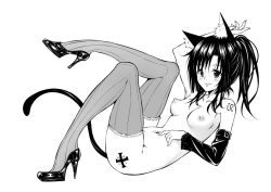 Rule 34 | 1girl, akage, animal ears, bad id, bad pixiv id, breasts, cat ears, cat tail, detached sleeves, greyscale, high heels, monochrome, navel, nipples, nude, original, shoes, single sleeve, solo, tail, tattoo, thighhighs