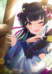 Rule 34 | 1girl, black hair, blush, bracelet, brown eyes, crossed arms, detached sleeves, earrings, hand fan, highres, holding, holding fan, idolmaster, idolmaster shiny colors, jewelry, lens flare, light rays, long sleeves, looking at viewer, mayuzumi fuyuko, nail polish, one eye closed, open mouth, smile, solo, sunbeam, sunlight, umeume (totoya), upper body, yellow nails