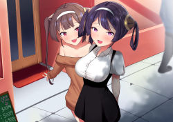 Rule 34 | 2girls, :d, ahoge, azur lane, bare shoulders, black dress, blush, breasts, brown dress, brown hair, chalkboard, collared shirt, dearonnus, door, dress, hair ornament, hair rings, hairband, large breasts, long hair, long sleeves, looking at viewer, meme attire, multiple girls, ning hai (azur lane), off-shoulder dress, off shoulder, open mouth, outdoors, pinafore dress, ping hai (azur lane), purple eyes, red eyes, shirt, short dress, short sleeves, skirt, sleeveless dress, smile, standing, suspenders, twintails, underbust, white hairband, white shirt