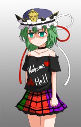 Rule 34 | 1girl, bare shoulders, choker, clenched hands, clothes writing, collarbone, commentary request, cosplay, empty eyes, english text, expressionless, green eyes, green hair, heart, hecatia lapislazuli, hecatia lapislazuli (cosplay), highres, matching hair/eyes, miniskirt, multicolored clothes, multicolored skirt, off-shoulder shirt, off shoulder, shaded face, shiki eiki, shirt, skirt, solo, teoi (good chaos), touhou