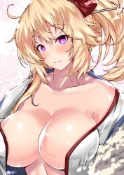 Rule 34 | 10s, 1girl, alternate costume, blonde hair, breasts, cleavage, highres, iowa (kancolle), japanese clothes, kantai collection, kimono, large breasts, off shoulder, open clothes, open kimono, purple eyes, sankakusui, smile, solo, star-shaped pupils, star (symbol), symbol-shaped pupils