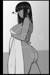 Rule 34 | 1girl, ass, breasts, completely nude, female focus, heart, highres, joylewds, long hair, looking at viewer, monochrome, naked towel, nico robin, nude, one eye closed, one piece, smile, solo, towel