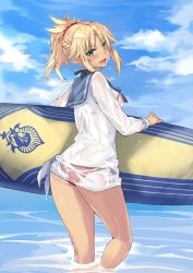 Rule 34 | 1girl, ass, bikini, blonde hair, blush, cloud, day, fate/apocrypha, fate/grand order, fate (series), highres, looking back, mordred (fate), mordred (fate) (all), mordred (fate/apocrypha), mordred (swimsuit rider) (fate), mordred (swimsuit rider) (second ascension) (fate), red bikini, regu (reg95), shirt, sky, smile, solo, surfboard, swimsuit, water, wet, wet clothes, wet shirt
