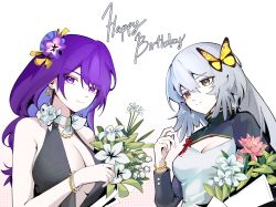 Rule 34 | 2girls, absurdres, arknights, black dress, bracelet, breasts, bug, butterfly, butterfly on head, cleavage, cleavage cutout, clothing cutout, collar, dress, earrings, feather hair, flower, genshin impact, grey eyes, grey hair, hair flower, hair ornament, hand up, happy birthday, highres, holding, holding flower, insect, jewelry, khrnnfz, large breasts, long hair, looking at viewer, medium breasts, mulberry (arknights), multiple girls, pink flower, purple eyes, purple hair, raiden shogun, shirt, shrug (clothing), simple background, smile, split mouth, white background, white collar, white flower, white shirt, yellow butterfly