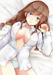 Rule 34 | 1girl, blanket, blue eyes, blue panties, blush, braid, breasts, brown hair, cleavage, collarbone, dress shirt, from above, hair between eyes, highres, indoors, kantai collection, koru pera, large breasts, lingerie, lips, long hair, looking at viewer, lying, naked shirt, navel, no bra, no pants, noshiro (kancolle), on back, on bed, open clothes, open shirt, panties, shirt, smile, solo, twin braids, underwear, white shirt