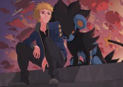 Rule 34 | 1boy, black pants, black shirt, blonde hair, blue jacket, closed mouth, cloud, commentary request, creatures (company), from below, game freak, gen 3 pokemon, gen 4 pokemon, grey footwear, highres, holding, holding poke ball, jacket, long sleeves, luxray, male focus, nintendo, open clothes, open jacket, outdoors, pants, poke ball, poke ball (basic), pokemon, pokemon (creature), pokemon dppt, ruinai, shirt, shoes, short hair, sitting, sky, smile, spiked hair, twilight, volkner (pokemon), wingull