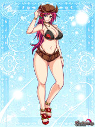Rule 34 | 1girl, baroque night eclipse, bikini, blue eyes, breasts, cleavage, flower, full body, hair flower, hair ornament, hat, jewelry, large breasts, long hair, looking at viewer, necklace, parted lips, red hair, shorts, smile, solo, standing, swimsuit