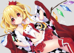 Rule 34 | 1girl, adapted costume, ascot, blush, bow, breasts, cloak, closed mouth, collarbone, crop top, crown, crystal, dutch angle, eyelashes, fingernails, flandre scarlet, fur trim, grey background, hair between eyes, hair bow, hair ornament, highleg, highleg panties, holding, knee up, kyouda suzuka, long hair, looking at viewer, lying, midriff, mini crown, miniskirt, navel, on back, over-kneehighs, panties, pleated skirt, polka dot, puffy sleeves, race queen, red cloak, red eyes, red panties, red skirt, red thighhighs, skirt, slit pupils, small breasts, smile, solo, stomach, sunlight, thighhighs, thighs, touhou, underwear, wings