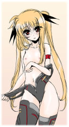 Rule 34 | 1girl, blonde hair, fate testarossa, flat chest, frapowa, leotard, leotard pull, long hair, lyrical nanoha, mahou shoujo lyrical nanoha, mahou shoujo lyrical nanoha a&#039;s, mahou shoujo lyrical nanoha the movie 2nd a&#039;s, navel, nipples, off shoulder, red eyes, ribbon, solo, thighhighs, twintails, undressing, very long hair