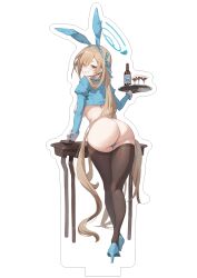 Rule 34 | 1girl, absurdres, alcohol, animal ears, ass, asuna (blue archive), asuna (bunny) (blue archive), blonde hair, blue archive, blue eyes, blush, bow, breasts, brown gloves, butt crack, cocktail glass, cup, drinking glass, fake animal ears, from behind, full body, gloves, hair over one eye, hairband, halo, highres, holding, holding tray, huge ass, large breasts, leotard, light brown hair, long hair, long sleeves, looking at viewer, looking back, maebari, meme attire, pasties, playboy bunny, rabbit ears, revealing clothes, reverse bunnysuit, reverse outfit, shrug (clothing), simao (x x36131422), simple background, smile, solo, thighhighs, thighs, tray, white background, wrist cuffs