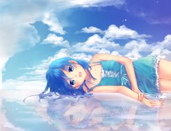 Rule 34 | 1girl, :d, bare arms, blue eyes, blue hair, blush, cloud, day, dress, happy, hinata-t6, looking at viewer, lying, matching hair/eyes, on side, open mouth, original, outdoors, reflection, ribbon-trimmed clothes, ribbon trim, short hair, sky, sleeveless, sleeveless dress, smile, solo, water