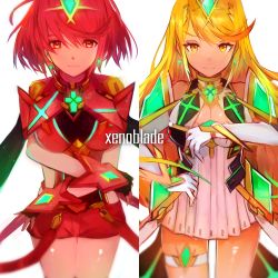 Rule 34 | 2girls, armor, blonde hair, breasts, cleavage, covered navel, dress, earrings, fingerless gloves, gloves, hair ornament, highres, jewelry, large breasts, long hair, looking at viewer, multiple girls, mythra (xenoblade), nintendo, pyra (xenoblade), red eyes, red hair, short hair, shorts, sidelocks, simple background, smile, tarbo (exxxpiation), tiara, white background, xenoblade chronicles (series), xenoblade chronicles 2, xenoblade chronicles (series), xenoblade chronicles 2, yellow eyes