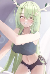 Rule 34 | 1girl, absurdres, bare shoulders, breasts, ceres fauna, cleavage, green hair, highres, hololive, hololive english, large breasts, looking at viewer, mofu07519, smile, solo, standing, virtual youtuber, yellow eyes