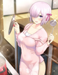 Rule 34 | 1girl, :d, apron, blurry, blush, bow, breasts, collarbone, cosplay, covered erect nipples, covered navel, cowboy shot, depth of field, fate/grand order, fate (series), food, hair bow, hair over one eye, ladle, light purple hair, long sleeves, looking at viewer, masaoka misaki, mash kyrielight, matou sakura, matou sakura (cosplay), medium breasts, open mouth, pink apron, pink shirt, pot, purple bow, purple eyes, shirt, short hair, smile, solo, soup, soup ladle, sparkle, standing, strap slip, table