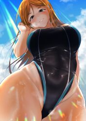 Rule 34 | 1girl, absurdres, adjusting hair, alternate costume, black eyes, black one-piece swimsuit, bleach, blue one-piece swimsuit, blue sky, breasts, cloud, commentary request, competition swimsuit, covered navel, cronose sama, curvy, day, hair ornament, hairpin, hand up, head tilt, highleg, highleg swimsuit, highres, inoue orihime, large breasts, looking at viewer, one-piece swimsuit, parted bangs, parted lips, plump, sky, smile, solo, sunlight, swimsuit, thighs, two-tone swimsuit, wet