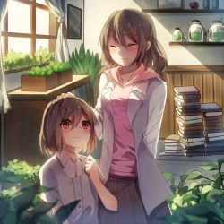 Rule 34 | 2girls, aged down, black skirt, book, brown hair, closed eyes, hair ornament, headpat, indoors, kagerou project, long hair, mother and daughter, multiple girls, pleated skirt, red eyes, short hair, skirt, tateyama ayaka, tateyama ayano, x hair ornament, you hashira