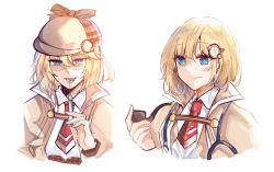 Rule 34 | 1girl, blonde hair, blue eyes, blush, brown capelet, capelet, cheschorv, closed mouth, commentary request, deerstalker, hair ornament, hat, highres, holding, holding syringe, hololive, hololive english, looking at viewer, multiple views, mustache print, necktie, red neckwear, shaded face, shirt, short hair, short necktie, simple background, smile, stethoscope, syringe, tongue, tongue out, upper body, virtual youtuber, watson amelia, watson amelia (1st costume), white background, white shirt