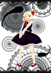 Rule 34 | 1girl, abstract background, bad id, bad pixiv id, blonde hair, border, darkness, female focus, hair ribbon, highres, kske, lace, lace border, mary janes, one eye closed, orange eyes, ornate border, playn, ribbon, rumia, shoes, skirt, smile, solo, touhou, v arms, wink