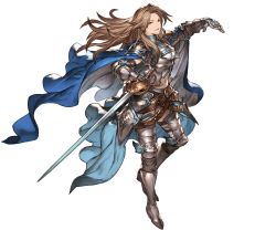 Rule 34 | 10s, 1girl, armor, armored boots, belt, belt skirt, boots, brown eyes, brown hair, cape, floating hair, full body, gauntlets, granblue fantasy, holding, katalina (granblue fantasy), long hair, minaba hideo, navel, solo, sword, transparent background, weapon