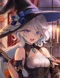 Rule 34 | 1girl, bare shoulders, blue eyes, breasts, candle, cropped, earrings, frills, furina (genshin impact), genshin impact, halloween, halloween costume, hat, heterochromia, highres, jewelry, long sleeves, open mouth, rity, small breasts, solo, upper body, white hair, window, witch hat