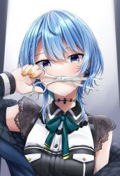 Rule 34 | 1girl, absurdres, black shirt, blue eyes, blue hair, blue jacket, bow, bow earrings, breasts, covered mouth, earrings, green ribbon, hair between eyes, highres, holding, holding scissors, hololive, hoshimachi suisei, hoshimachi suisei (streetwear), jacket, jewelry, light blue hair, looking at viewer, morupeusu, neck ribbon, off shoulder, official alternate costume, official alternate hair length, official alternate hairstyle, open clothes, open jacket, ribbon, scissors, shirt, short hair, short sleeves, small breasts, solo, star (symbol), star in eye, symbol in eye, upper body, virtual youtuber, wing collar, yellow nails