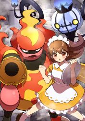 Rule 34 | 1girl, :o, absurdres, apron, blush, brown footwear, brown hair, chandelure, clenched hand, collared dress, commentary request, creatures (company), dress, floating hair, fog, frills, game freak, gen 4 pokemon, gen 5 pokemon, headdress, highres, holding, holding tray, long hair, looking at viewer, magmortar, nintendo, open mouth, pokemon, pokemon (creature), pokemon bw, pon yui, puffy sleeves, shoes, short sleeves, socks, tray, waitress, waitress (pokemon), white apron, white socks