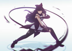 Rule 34 | 1girl, artist name, attack, bare shoulders, black bow, black hair, black legwear, black ribbon, black scarf, blake belladonna, bow, breasts, closed mouth, determined, facing viewer, fighting stance, full body, gambol shroud, gradient legwear, gun, hair bow, hair ornament, hair ribbon, hand up, holding, holding weapon, koyorin, kusarigama, long hair, looking at viewer, medium breasts, purple legwear, ribbon, rwby, scarf, serious, shoes, sickle, solo, standing, swinging, trigger, weapon, whip, wide stance, yellow eyes