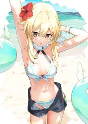 Rule 34 | 1girl, adapted costume, armpits, arms up, bare arms, bare shoulders, beach, bikini, black shorts, blonde hair, breasts, cowboy shot, flower, front-tie bikini top, front-tie top, genshin impact, hair flower, hair ornament, halterneck, halterneck, hibiscus, highres, lumine (genshin impact), navel, open fly, outdoors, parted lips, short hair with long locks, short shorts, shorts, slime (genshin impact), small breasts, solo, standing, stomach, stretching, swimsuit, white bikini, xkirara39x, yellow eyes