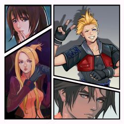 Rule 34 | 2boys, 2girls, adjusting clothes, adjusting gloves, black gloves, black shirt, blonde hair, blue eyes, breasts, brown eyes, brown hair, close-up, cropped jacket, detached sleeves, earrings, facial tattoo, final fantasy, final fantasy viii, fingerless gloves, fumezu1, gloves, grin, hair between eyes, hand to own mouth, highres, jacket, jewelry, looking at viewer, medium breasts, mohawk, multicolored clothes, multicolored hair, multicolored jacket, multiple boys, multiple girls, one eye closed, orange shirt, parted bangs, quistis trepe, rinoa heartilly, scar, scar on face, shirt, short hair, short sleeves, single earring, smile, squall leonhart, streaked hair, tattoo, teeth, thick eyebrows, upper body, v, zell dincht