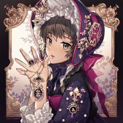 Rule 34 | 1girl, black dress, black eyes, black hair, black headwear, blush, bonnet, bow, braid, dress, fingernails, frilled sleeves, frills, from side, gem, hat ornament, jewelry, lolita fashion, long hair, long sleeves, looking at viewer, looking to the side, mole, mole under eye, mole under mouth, nardack, original, outside border, own hands together, purple bow, ring, single braid, solo, upper body