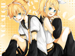 Rule 34 | 1boy, 1girl, back-to-back, blonde hair, blue eyes, brother and sister, detached sleeves, hair ornament, hairclip, kagamine len, kagamine rin, short hair, siblings, tama (songe), twins, vocaloid