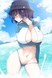 Rule 34 | 1girl, absurdres, aqua eyes, arm under breasts, bikini, bikini bottom only, blue archive, blue sky, breasts, bucket hat, contrapposto, day, facing viewer, gluteal fold, halo, hat, helmet, highres, holding own arm, large breasts, long sleeves, looking to the side, navel, ocean, outdoors, poolpool, purple hair, raglan sleeves, rash guard, revision, saki (blue archive), saki (swimsuit) (blue archive), short hair, sky, solo, stomach, swimsuit, thighs, wading, water