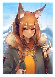 Rule 34 | 1girl, 3 (sanyako1), absurdres, animal ears, arknights, blue sky, border, braid, brown eyes, brown hair, day, fur-trimmed jacket, fur trim, grey jacket, hand up, headphones, highres, implied extra ears, jacket, jewelry, long hair, looking at viewer, mountainous horizon, multiple rings, necklace, open clothes, open jacket, orange shirt, outdoors, pearl necklace, ratatos browntail (arknights), ring, shirt, sky, smile, solo, squirrel ears, squirrel girl, upper body, white border