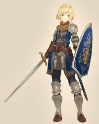 Rule 34 | 1girl, anri of astora, armor, belt, black pants, blonde hair, boots, brown eyes, brown footwear, brown gloves, closed mouth, commentary request, contrapposto, dark souls (series), dark souls i, dark souls iii, faulds, female knight, gloves, grey background, holding, holding sword, holding weapon, km yama, knee pads, knight, looking at viewer, pants, pauldrons, shield, short hair, shoulder armor, simple background, smile, solo, standing, sword, weapon