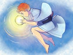 Rule 34 | 1boy, aono shimo, bad id, bad twitter id, barefoot, child, emiya shirou, fate/stay night, fate (series), highres, holding, japanese clothes, kimono, male focus, moon, red hair, solo, orb, water, yellow eyes, aged down, yukata