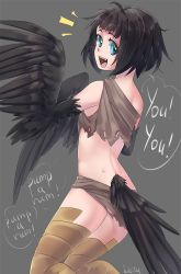 Rule 34 | 1girl, :d, black hair, black wings, blue eyes, dark souls (series), dark souls iii, english text, feathered wings, grey background, harpy, highres, iwbitu, monster girl, open mouth, personification, pickle pee pump-a-rum crow, scales, shirt, short hair, signature, simple background, single-shoulder shirt, smile, solo, sparkling eyes, winged arms, wings