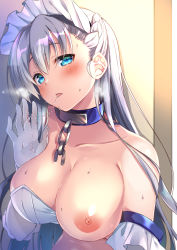 Rule 34 | 1girl, azur lane, belfast (azur lane), blue eyes, blush, braid, breasts, chain, cleavage, clothes pull, collar, collarbone, cum, cum on body, cum on upper body, cum string, dress pull, elbow gloves, french braid, frilled gloves, frills, gloves, head tilt, highres, kaniya shiku, large breasts, long hair, looking at viewer, maid, maid headdress, nipples, one breast out, shiny skin, silver hair, solo, steam, sweat, white gloves