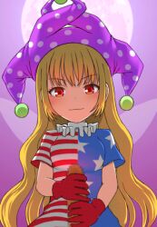 Rule 34 | 1boy, 1girl, american flag dress, animated, animated gif, bad id, bad nijie id, blonde hair, blush, breasts, censored, clownpiece, commentary request, fairy wings, full moon, gloves, handjob, hat, head tilt, hetero, jester cap, long hair, looking at viewer, medium breasts, moon, mosaic censoring, neck ruff, open mouth, polka dot, polka dot headwear, pov, purple background, purple headwear, red eyes, red gloves, regi (syno-miya), short sleeves, simple background, smile, solo focus, star (symbol), star print, talking, teeth, touhou, upper body, very long hair, wings